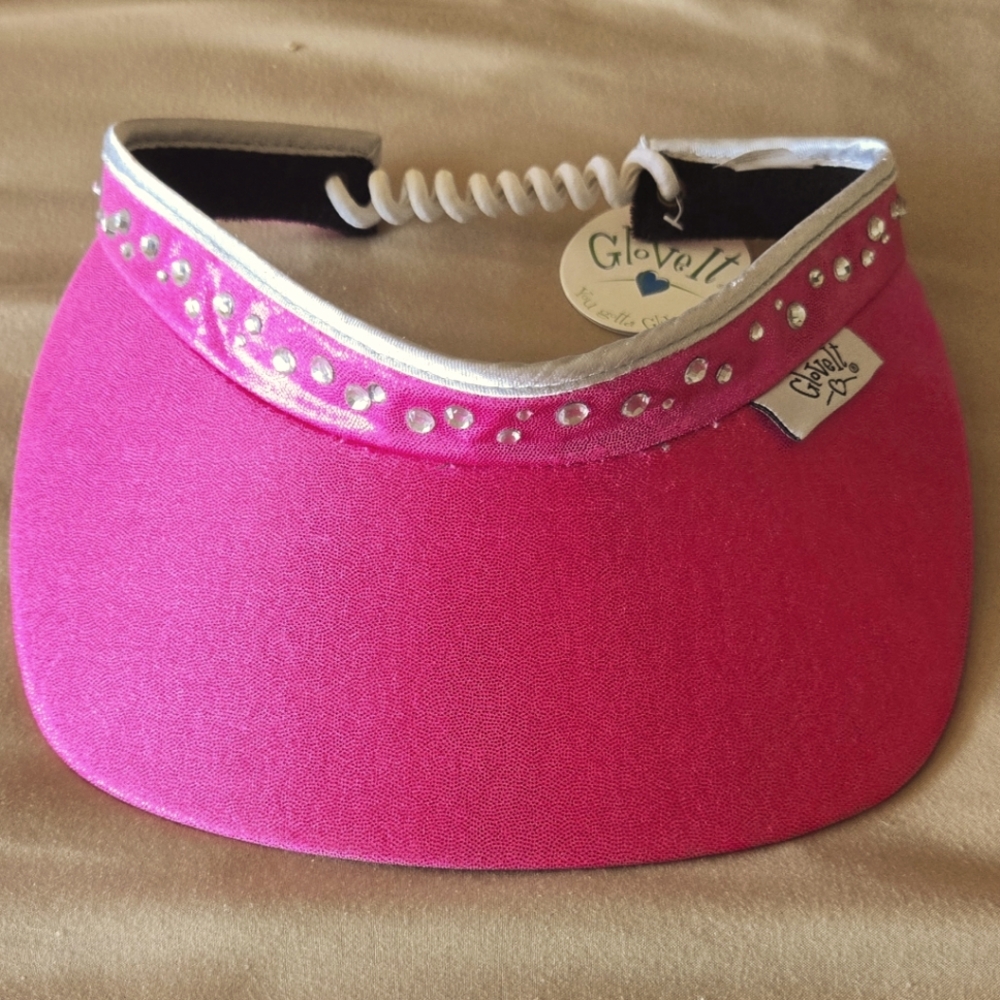 NWT! GloveIt Glove It Sparkle Hot Pink Bling spring coil adjustable visor.